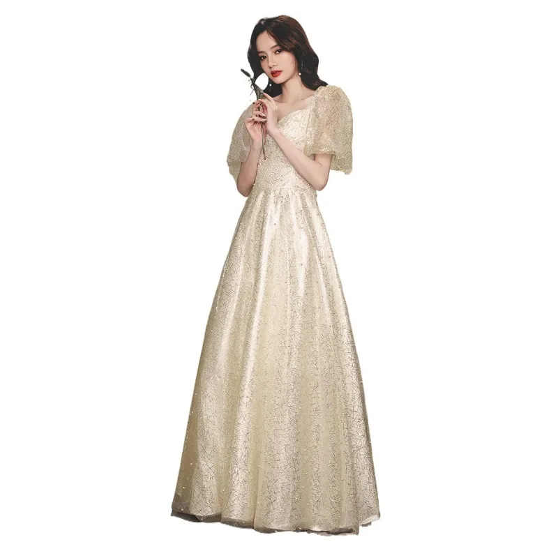 Summer New Champagne Women's Square Collar Evening Dress Fashion Grand Banquet Bridesmaid Dress Student Performance Long Dress