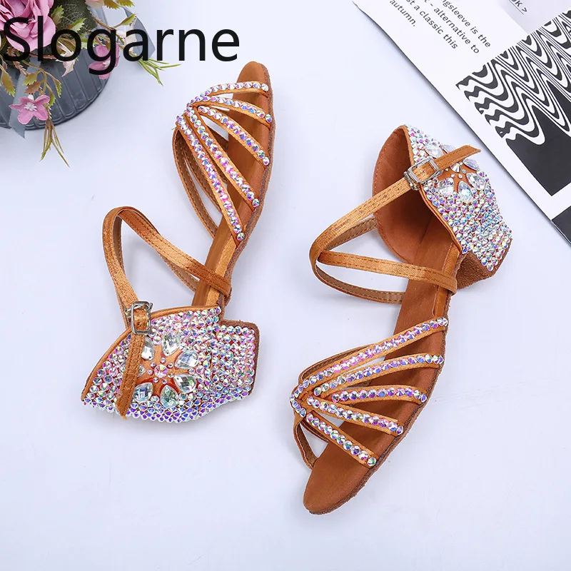 2026 Women Summer New Water Diamond Latin Shoes Kids\' Satin Artificial 3.5CM Heels Jazz Waltz Tango Modern Ballroom Dance Shoes