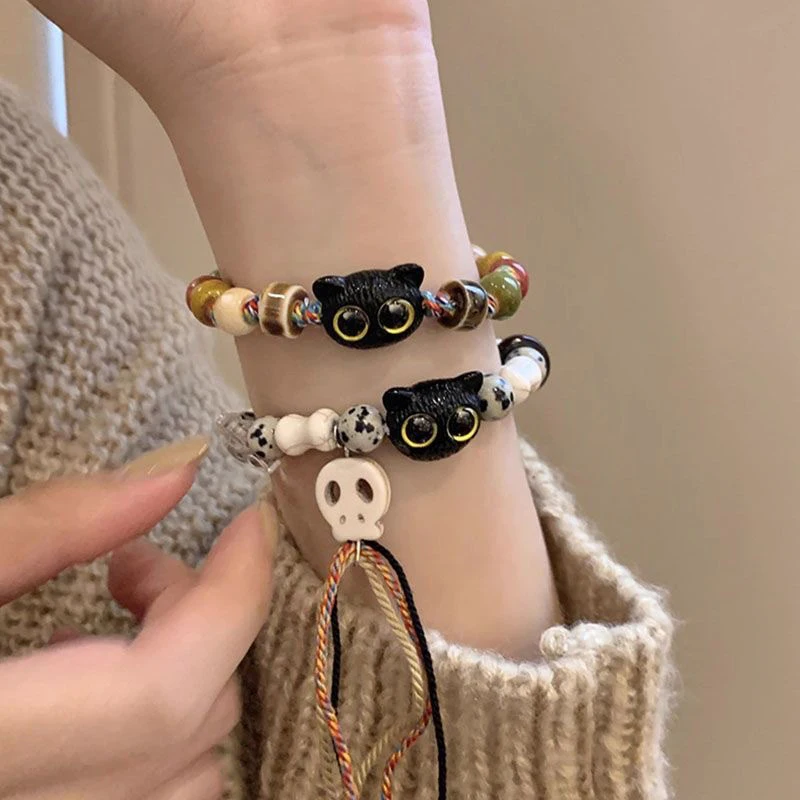 Ceramic Big Eye Cat Bracelets Fashion Adjustable Size Tassels Braided Rope Bracelet Skull Accessories Hand Jewelry