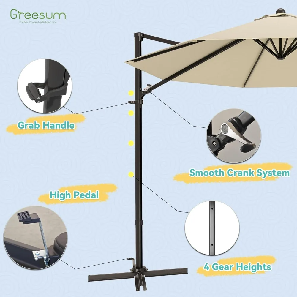 مظلة فناء خارجية بطول 10 أقدام مع دواسة عالية و4 ارتفاعات تروس، مظلة كبيرة لسوق الأوفست مع دوران 360 درجة #5