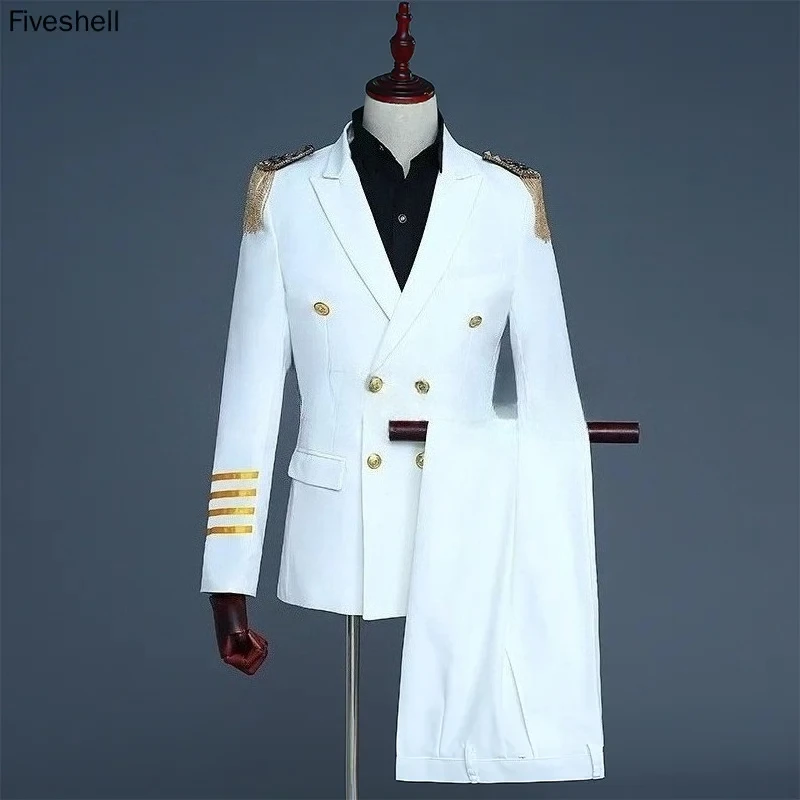 Adult S-4XL Captain Officer Sailor Peacoat Costume Men's Military Blazer Suit with Fringe Marching Band Jacket Uniform And Pants