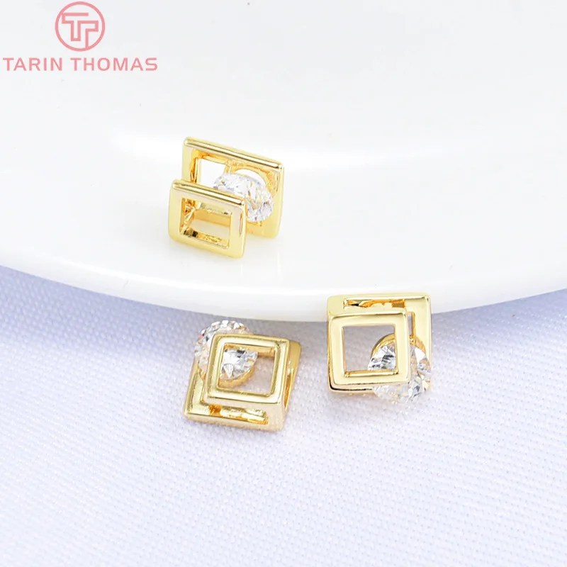 (3113)6PCS 10x10MM 12x12MM 24K Gold Color Plated Brass Double Square with Zircon Beads High Quality DIY Jewelry Making Findings