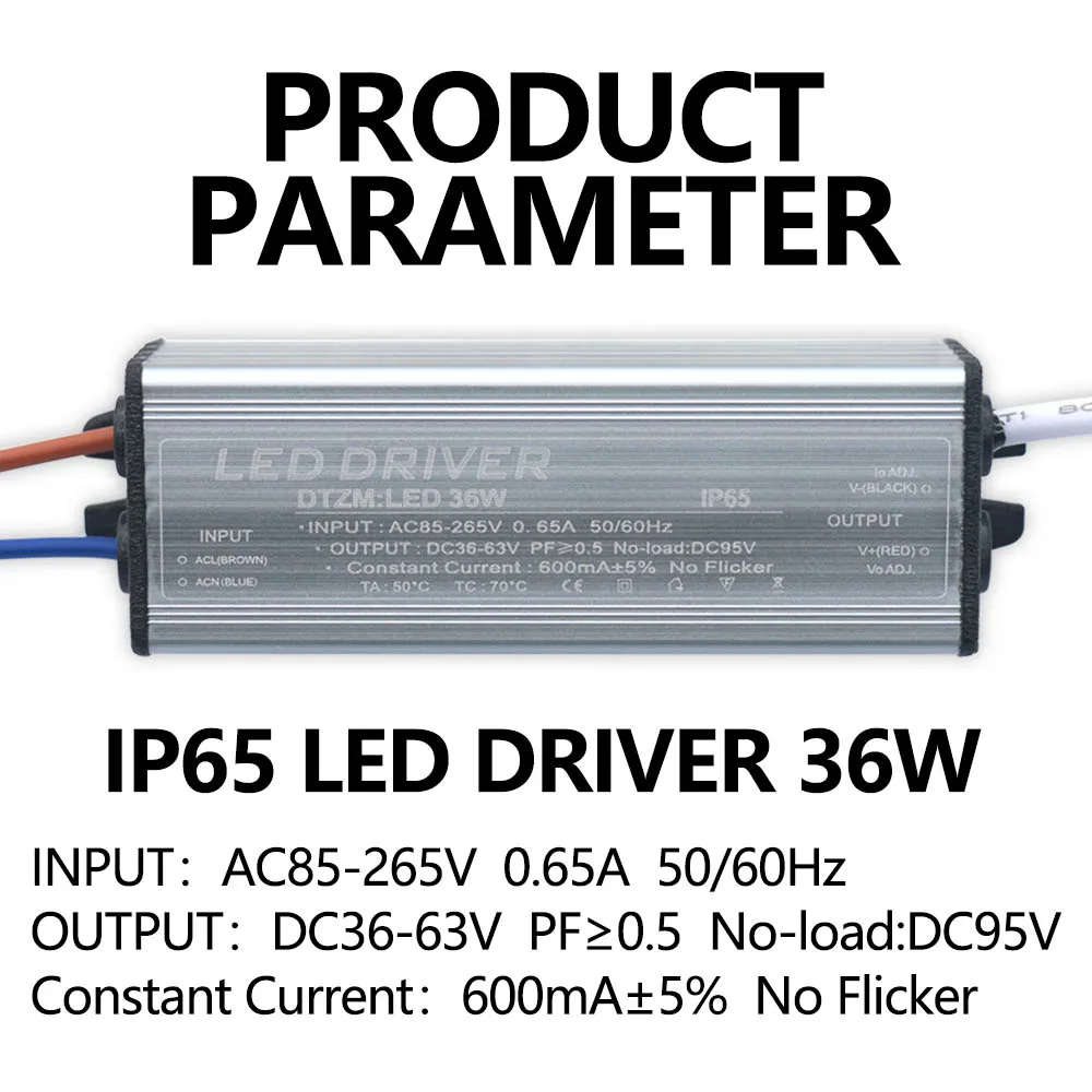 LED Driver 600mA 36W For LEDs Power Supply  AC85-265V Lighting Transformers For Outdoor waterproof Output 36-65V