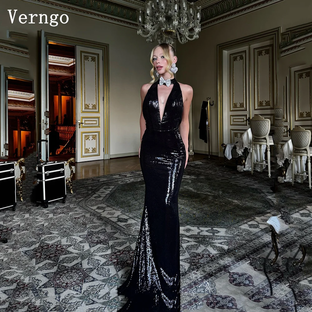 

Verngo Shiny Sequined Evening Dress Halter Sexy Mermaid Black Formal Occasion Dresses Women Maxi Pro Party Gowns Customized