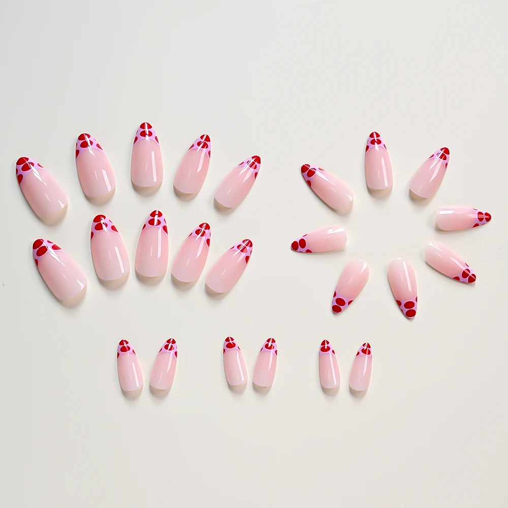 24 pezzi francese medio mandorla unghie finte acrilico stampa leopardata indossabile stampa sulle unghie rosso/nero pois copertura completa unghie finte