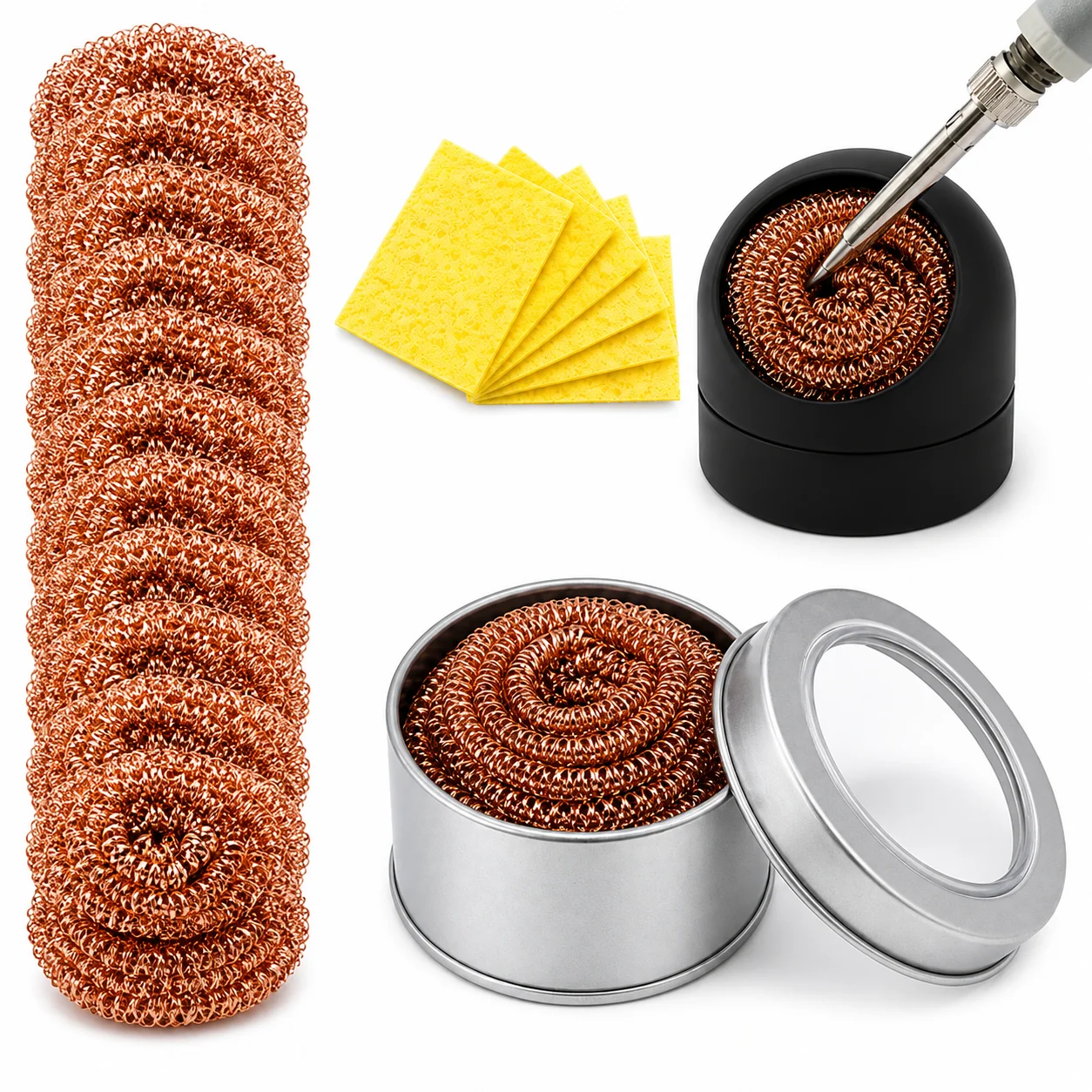 Soldering Iron Tip Cleaner Copper‑Plated Wire Ball, Transparent Window Tin Box & Black Holder, High‑Temp Sponge for Soldering