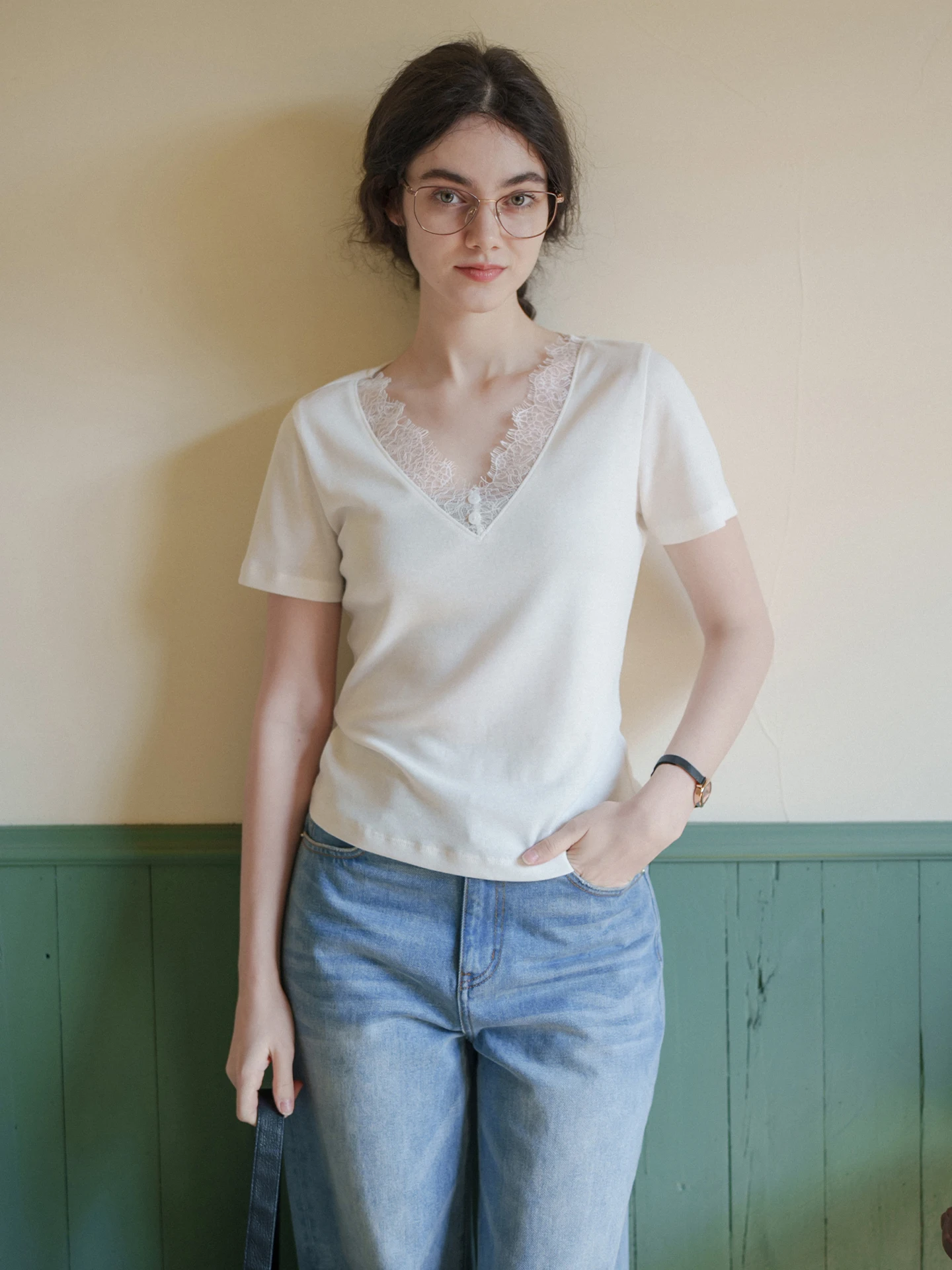 

Retro MarchNoon Lace Short Sleeve V-Neck T-Shirt Slimming Versatile Layering Top French Style Cotton Linen Silk Blend Summer ...