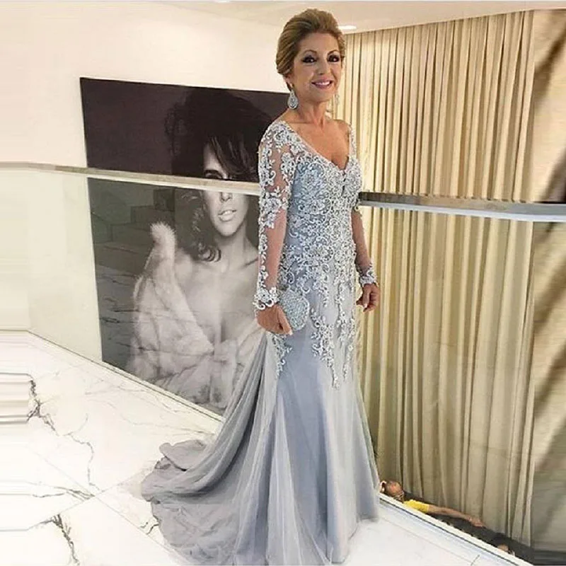 

Silver Lace Mother Of The Bride Dresses Mermaid Long Sleeves Applique V-Neck Elegant Mother Dresses For Wedding Formal Party