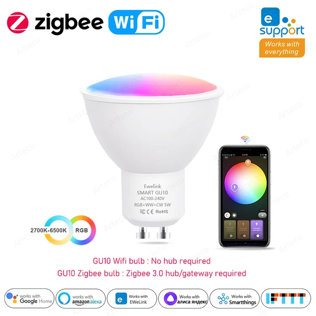 Ewelink GU10 Zigbee Żarówki LED WiFi Smart LED Lampa RGB CW WW Ewelink App Control Żarówka LED Współpracuje z Alexa Google Yandex