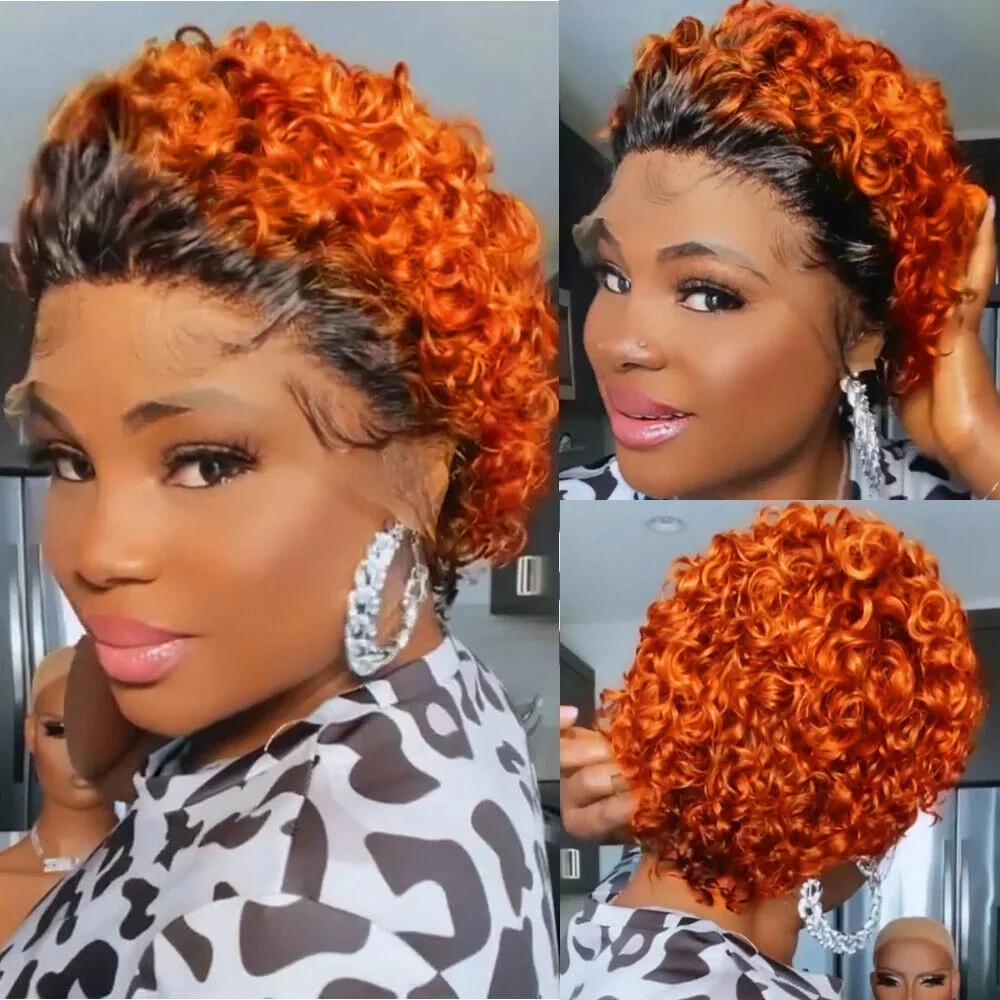 Ginger Orange Pixie Cut Wig Short Curly Lace Front Human Hair Wigs for Women Brazilian Water Wave Bob Wig Transparent Lace Wigs