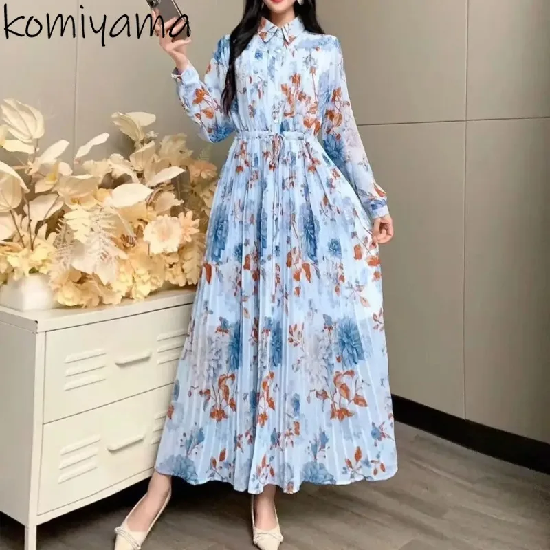 Flower Print Pleated Women 2025 Vestidos Long Sleeve Dresses Laple Neck Dress Belt Tunic Vestido Femininos Sweet Fresh Clothing