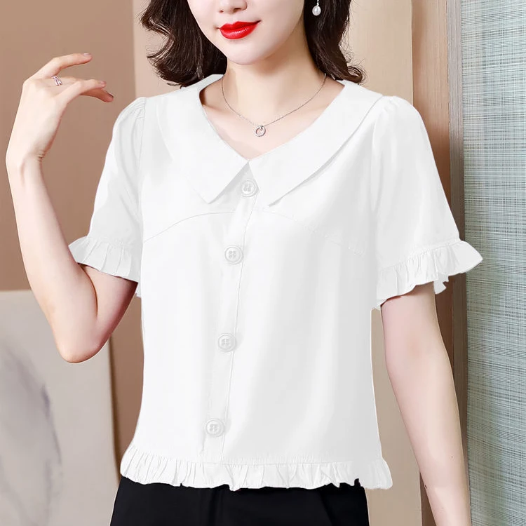 2024 Summer New Doll Collar Fashion Stylish Small Shirt Shirt Elegant Waist Short-sleeved Top Women\'s Chiffon Shirt Trendy