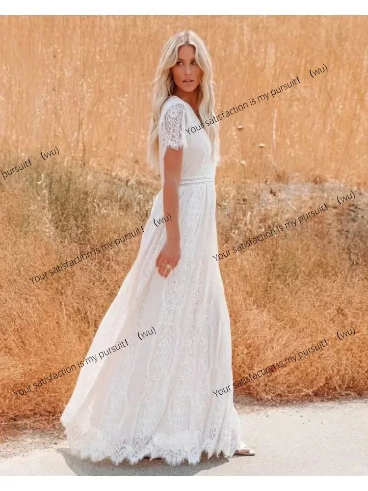 

Women's lace chiffon dress, deep V-neck short-sleeved party dress, spring and summer knitted sweater, long clothing