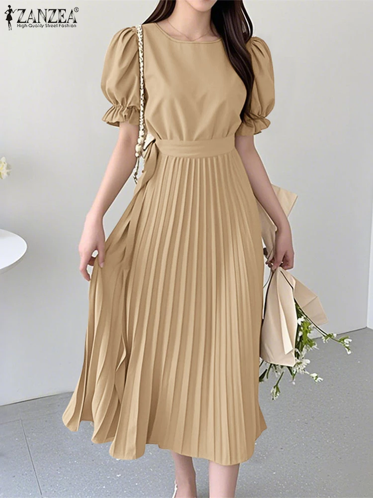 2025 ZANZEA Elegant Women Midi Dresses Summer Pleated Sundress O Neck Short Puff Sleeve Work Vestidos Solid A Line Dress Robe