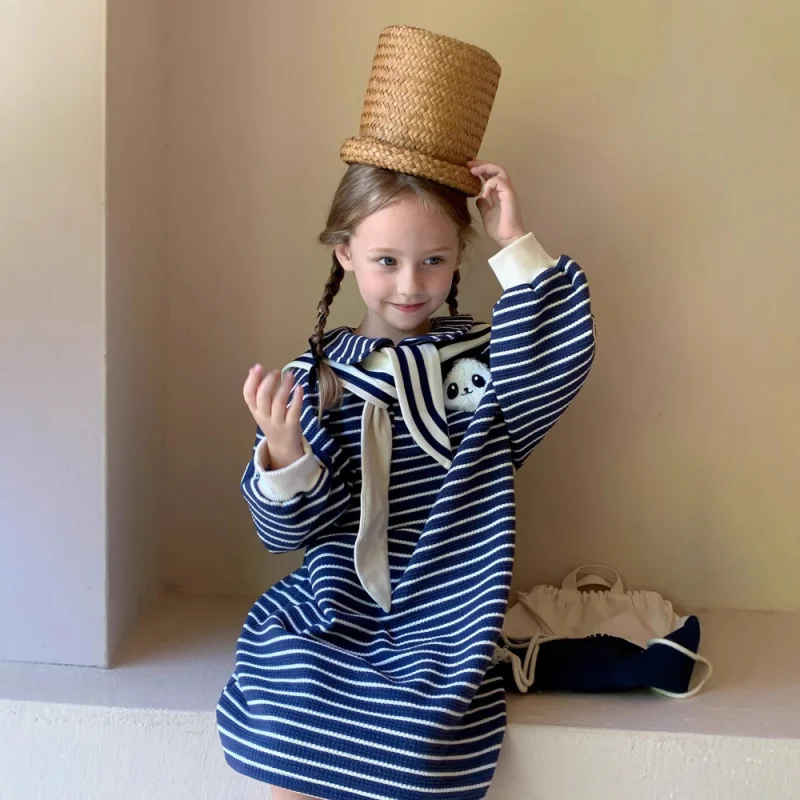 

Children's Clothing Children's Dress Autumn and Winter New Fashionable Striped Lapel Skirt Cartoon Panda Cotton Skirt