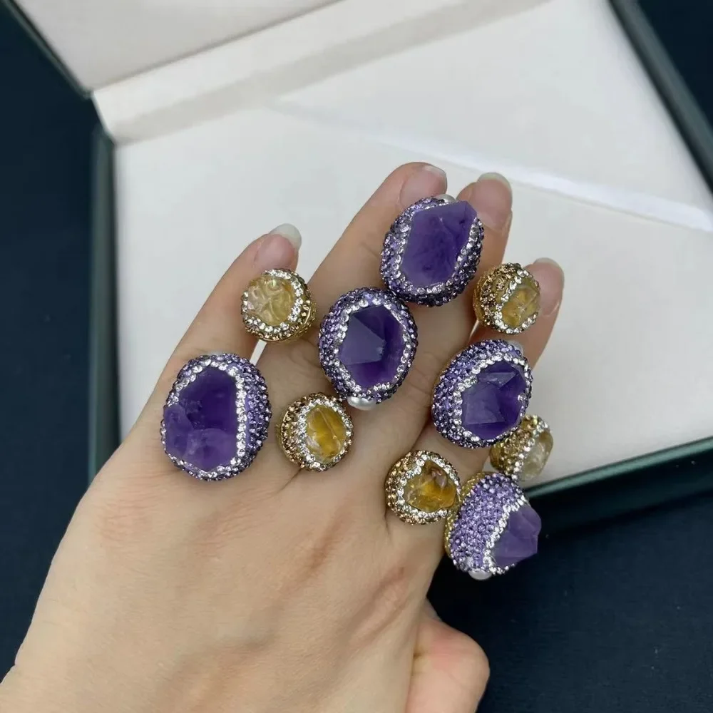 

New natural yellow crystal paired with amethyst women's ring, personalized, simple, classic, and exquisite jewelry for ladies