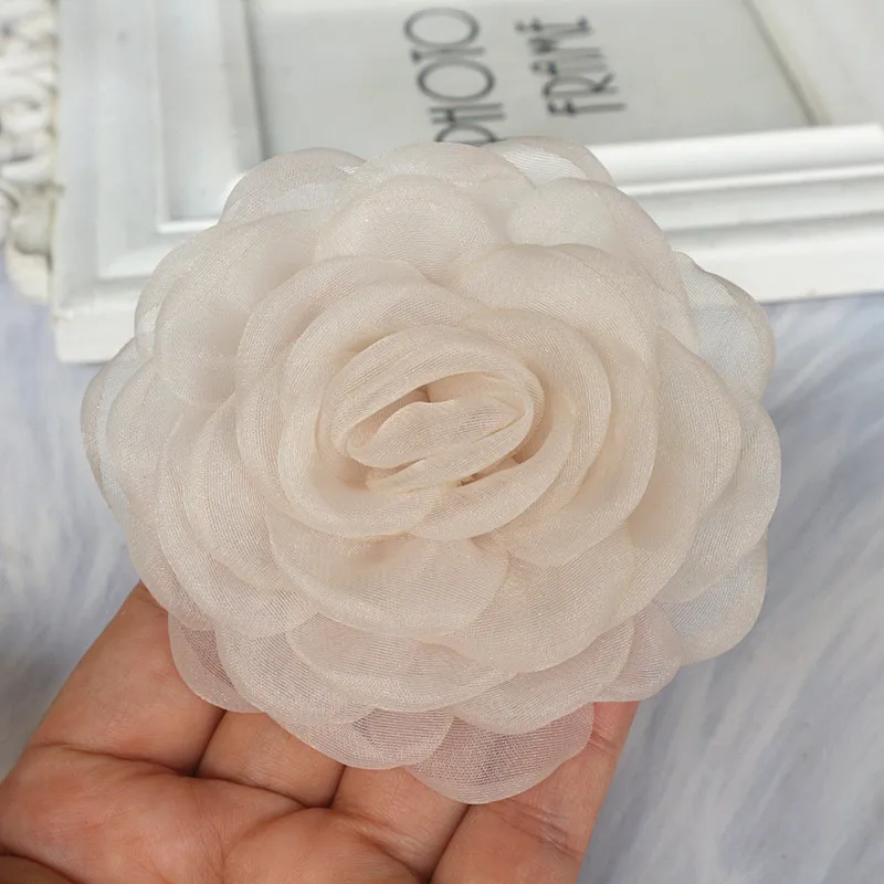 10PCS 8CM 3D Organza Chiffon Gauze Burnt Edge Fabric Artificial Rose Flower Wedding Dress Neck Decoration DIY Sewing Applique