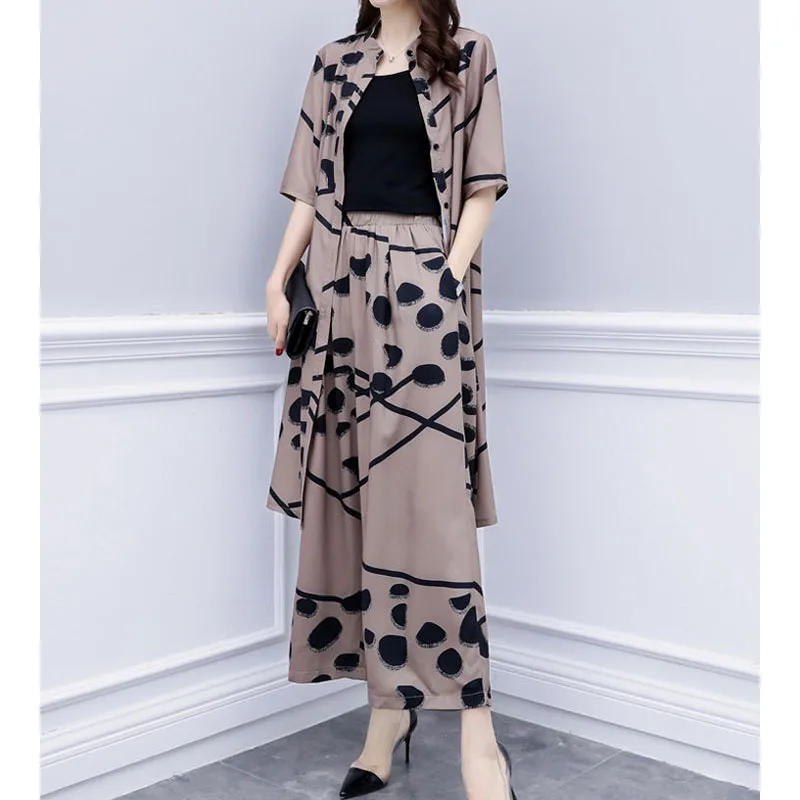 Vintage Fashion Female Single-breasted Cardigan Top Half Sleeve Printed Two Piece Set Casual Wide Leg Pants Sets Womens Clothing