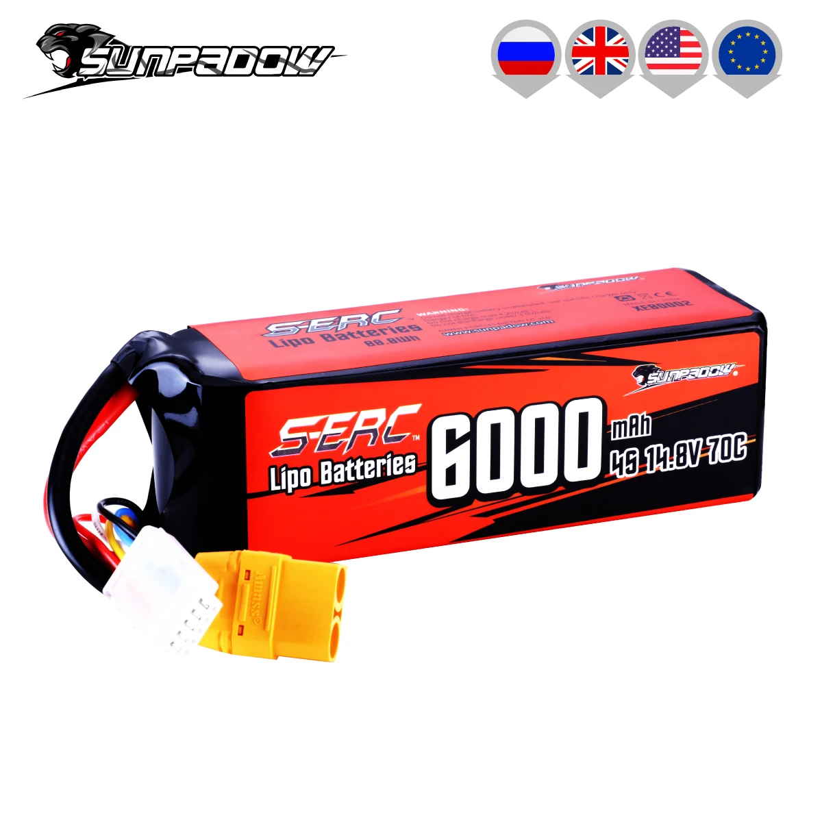 SUNPADOW 4S Rechargeable Lipo Battery 14.8V 6000mAh 70C Soft Pack with XT90 for RC Buggy Truggy Vehicles Car Boat TrucK Tank