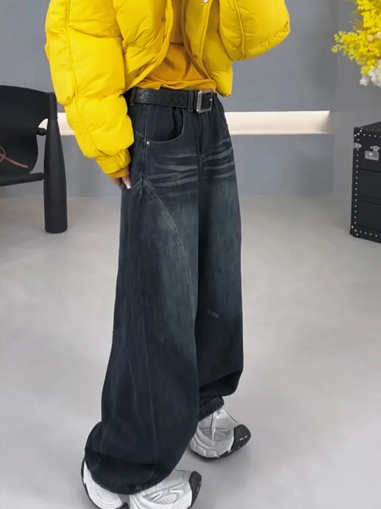 

American Style High Waist Fleece Lined Frayed Hem Denim Pants Women's Loose Drapey Wide Leg Pants Scythe Long Trousers