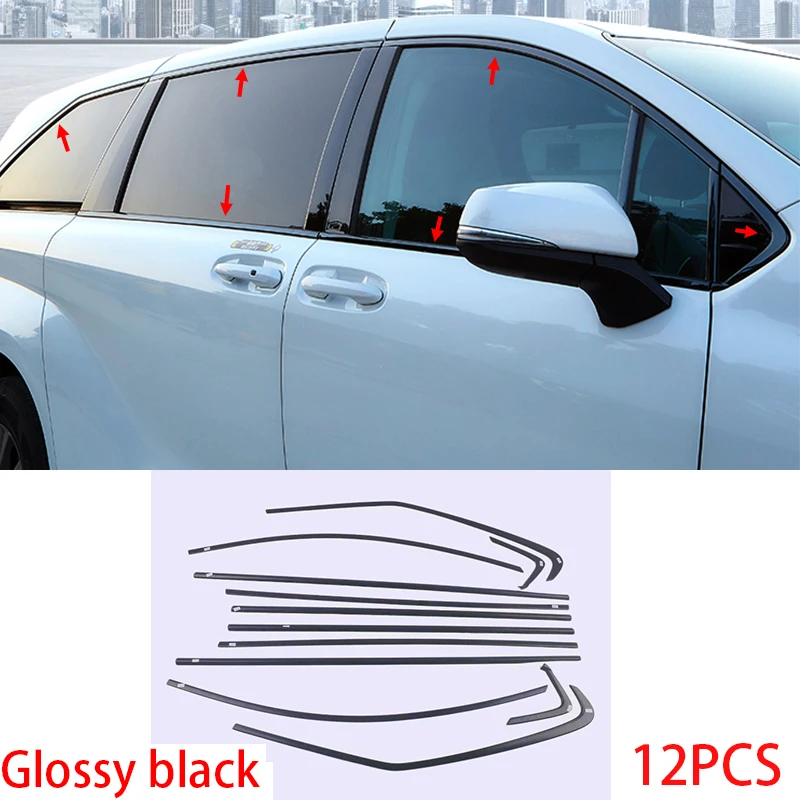 

Car Accessories For Toyota Sienna 2021 2022 2023 ABS Glossy black Exterior Window Molding Strip Sill side Cover Trim 12pcs