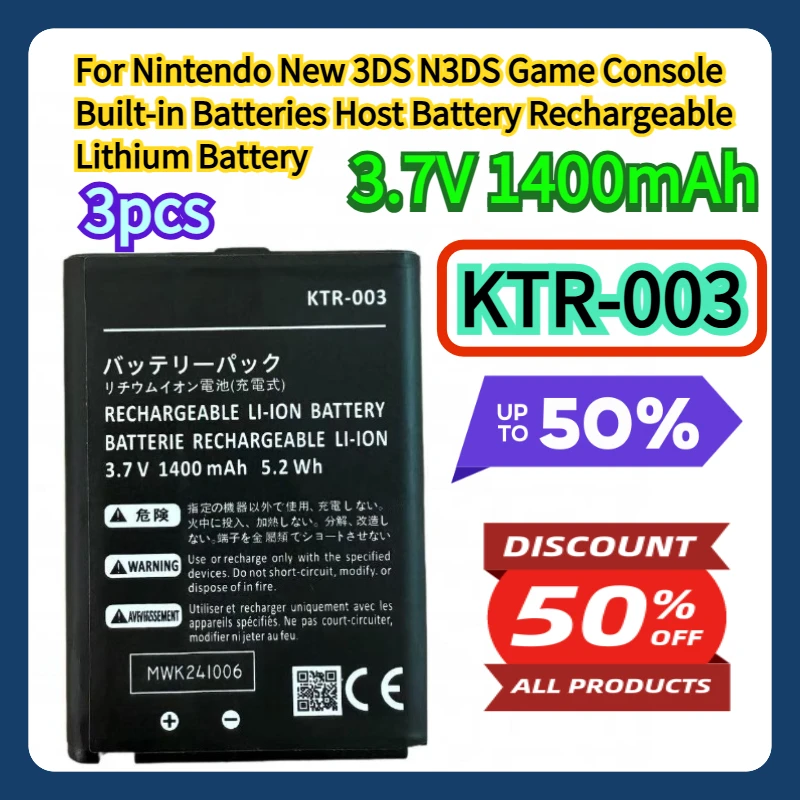 

For Nintendo New 3DS N3DS Game Console Built-in Batteries 3.7V 1400mAh KTR-003 Host Battery Rechargeable Lithium Battery 3pcs