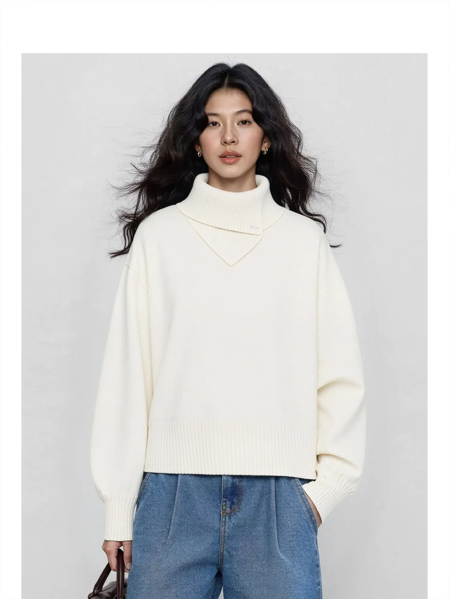 Forever 2 White High Collar Loose Women's Knitwear Casual Sle Autumn Winter Design Inner Wear Comfortable Fit A-Line Sve