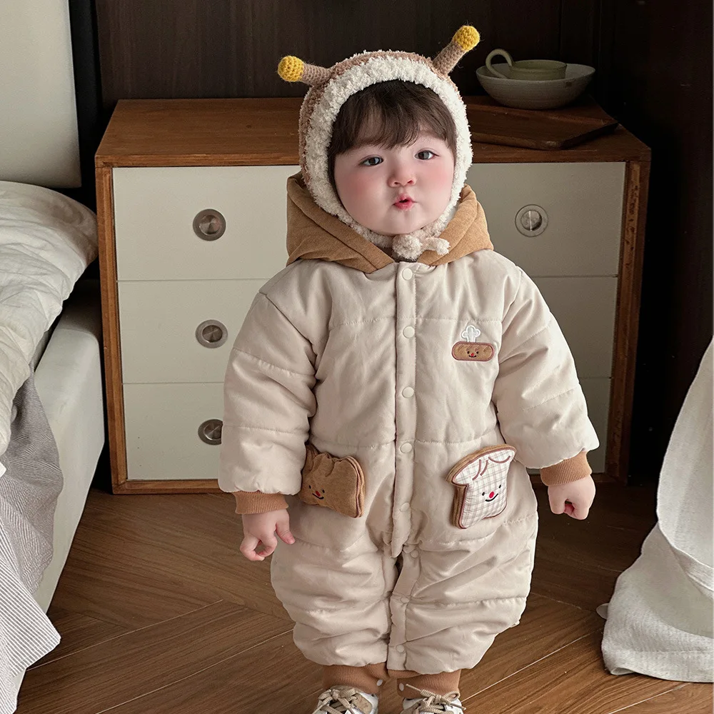 

Girls Pants 2024 Winter New Childrens Clothes Boys and Girls Cartoon Cute Bread Small Cake Thick Warm Onesie Simple Daily