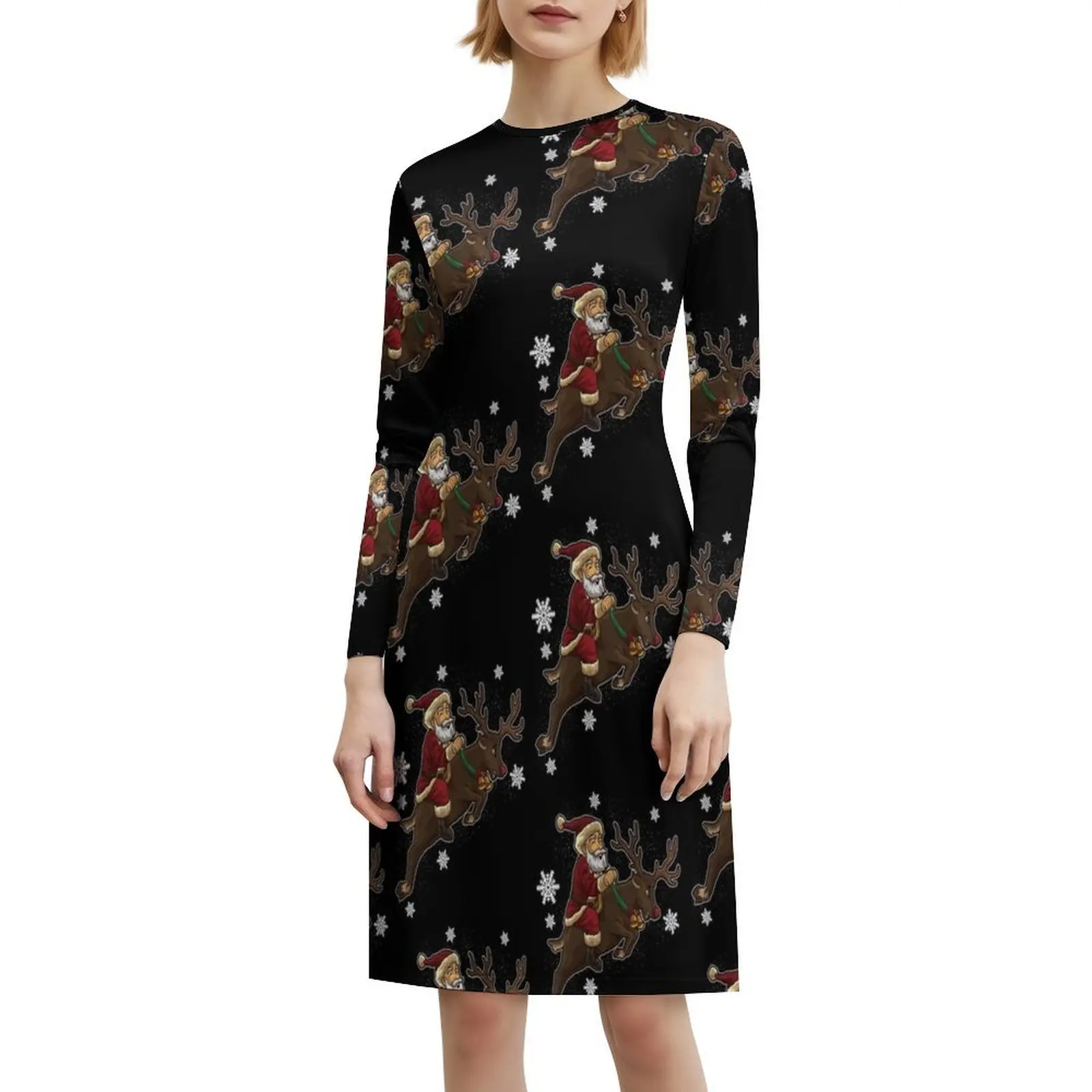 サンタクロースはトナカイに乗って配達サービスを行います 女性用ボヘミアンノースリーブドレス プリントビーチパーティードレス クリスマスタイム