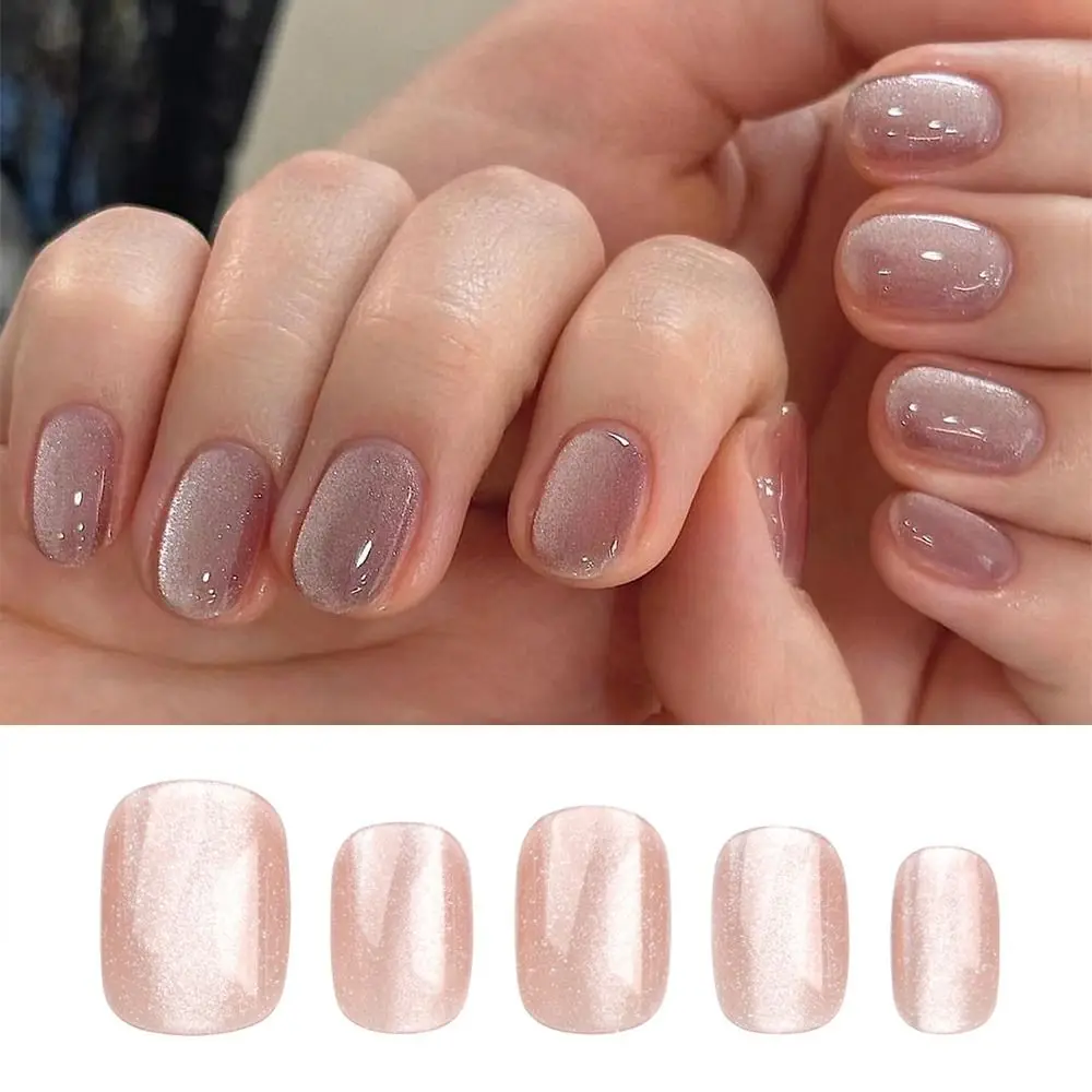 French False Nails Detachable Pink Cat Eye Full Cover Nail Tips Detachable Short Round Fake Nails for DIY