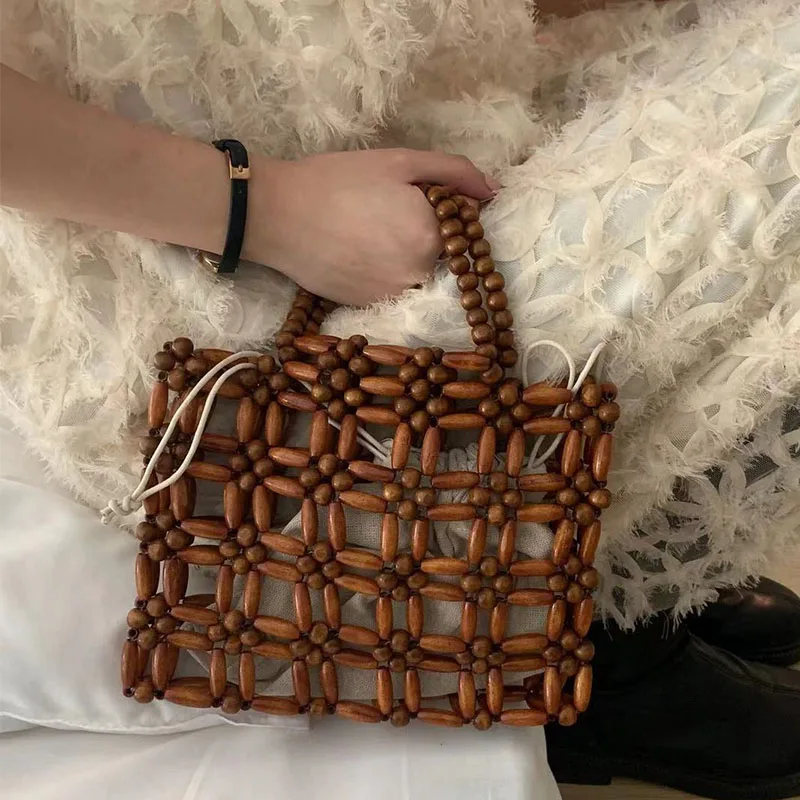 Wooden Bead Woven Beaded Bag Women\'s Fashionable Retro Hollow Out Design Handbag Vacation Beach Versatile Ladies Bags 2023 New