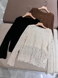 Autumn Woman Hollow Knitted Sweater O-neck Pullover Temperamen Elegant Long-sleeved Tops