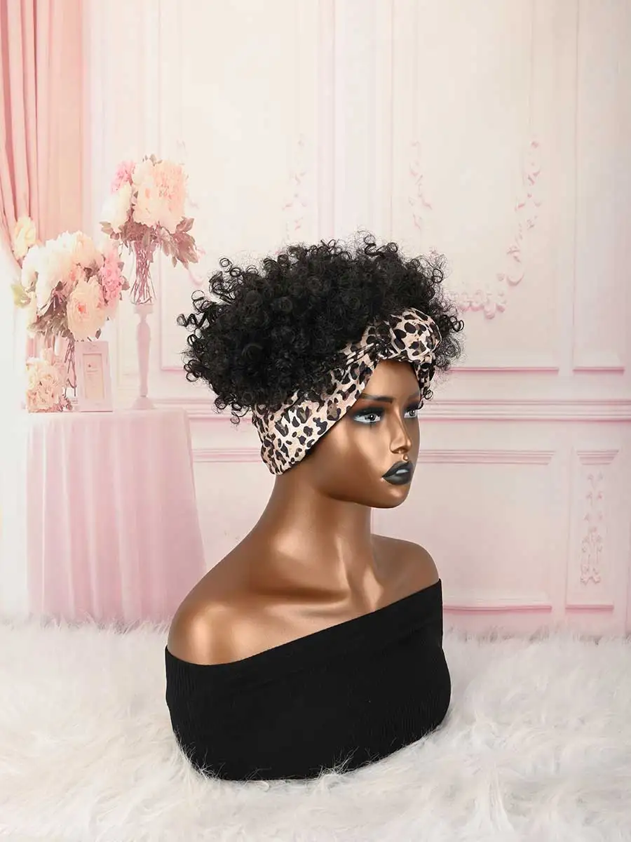 Headband Wig Curly Headband Wig With Bangs For Women Synthetic Afro Curly Hair Wig With Headband Attached Short Kinky