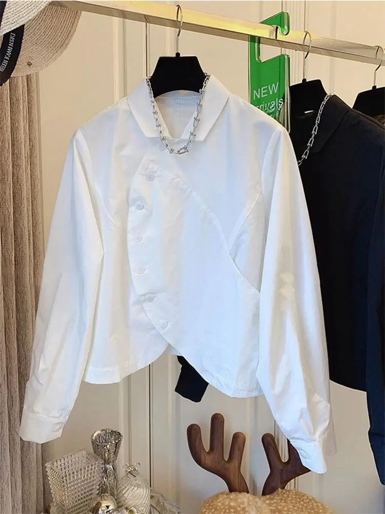 Spring and Autumn New Retro Western Style Short Side Curved Button Shirt with Flip Collar Long Sleeve Cotton Loose Shirt