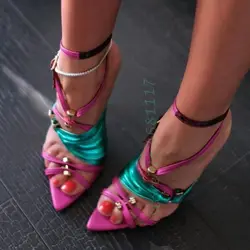 Neon Pink Color Strap Buckle Sandals Women Metal Rivets Heels Patent Leather Thin Heels Party Shiny Sandals 2022 Summer Shoes