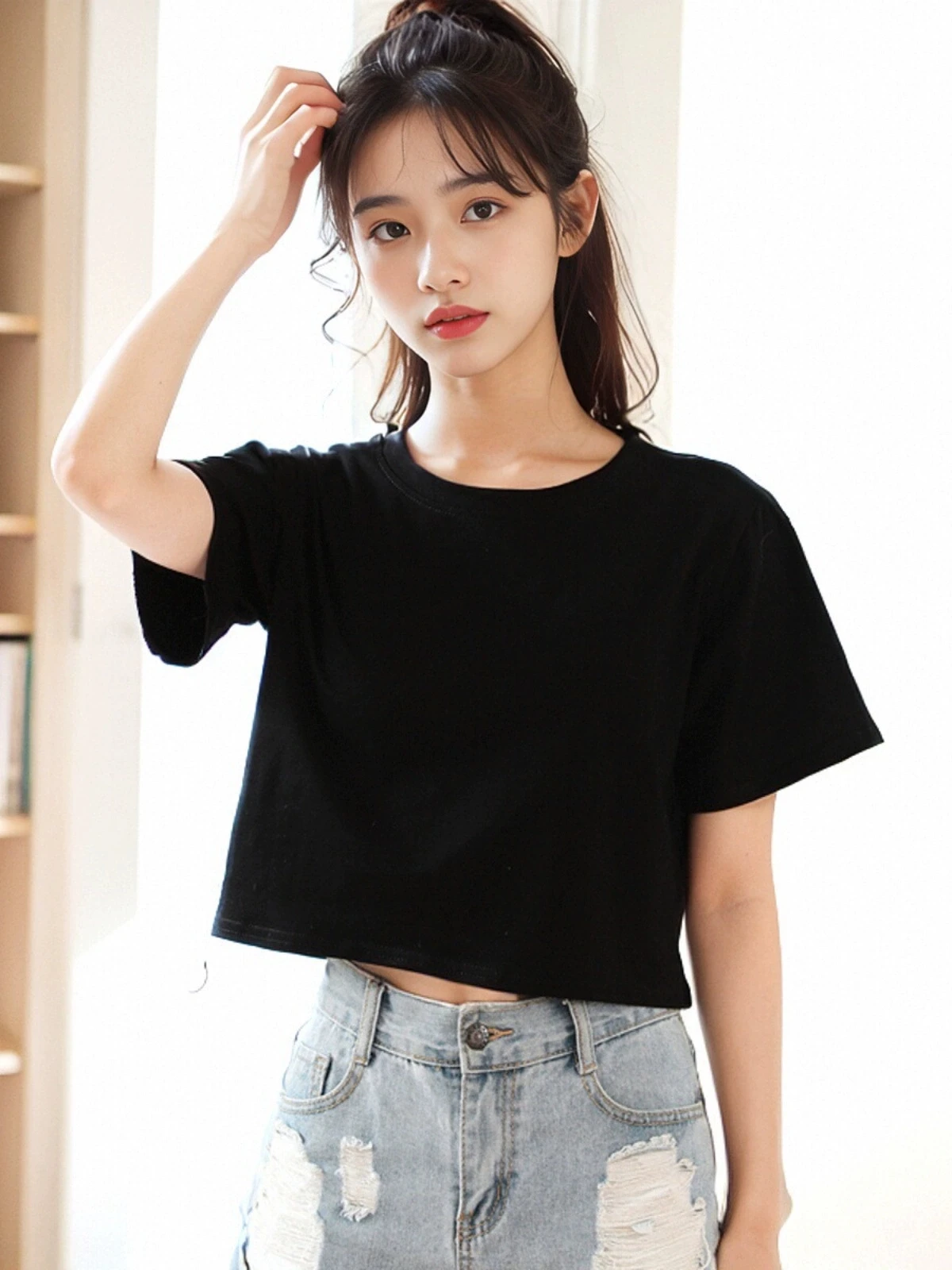 High waisted short sleeved top for women's summer wear, made of pure cotton with a belly button, short sleeved shirt with half s