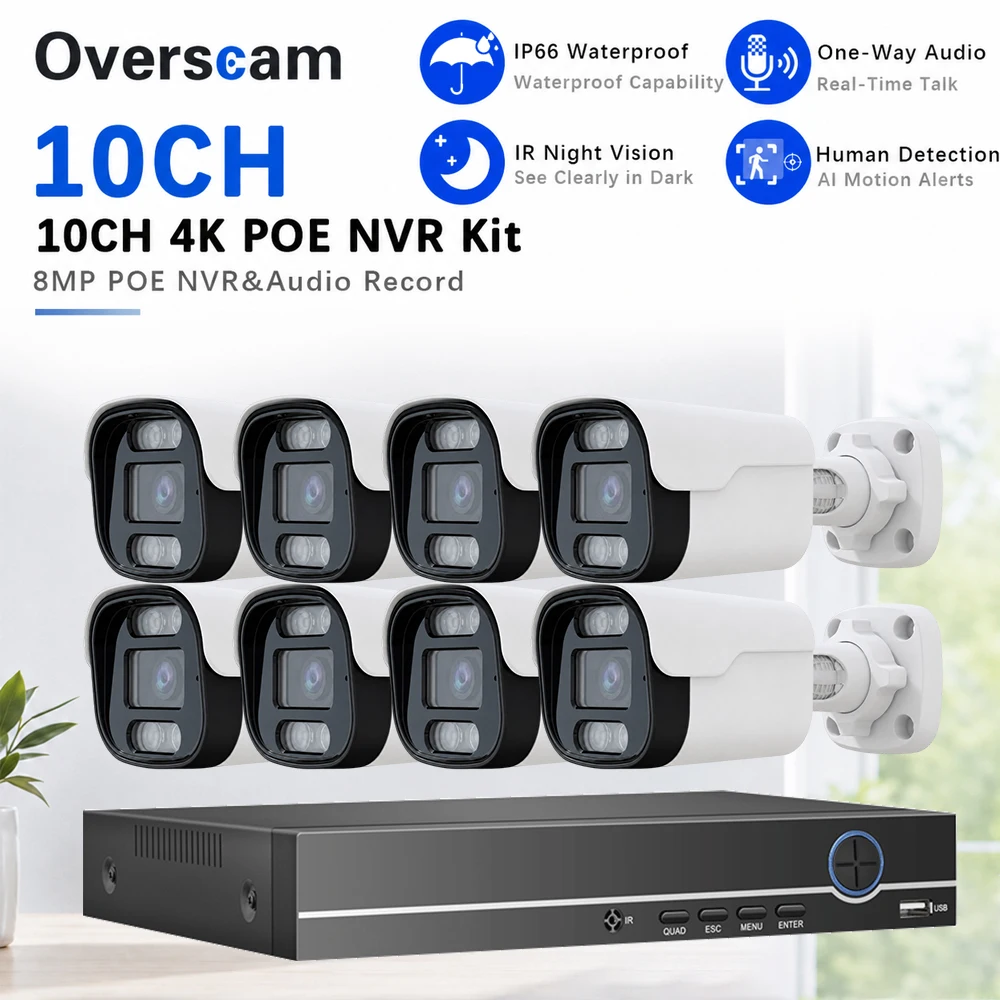 4K 8MP POE CCTV Camera Kit 8CH NVR With Bullet IPC Cameras Human Detection Night Vision Audio Recording IP66 Remote Monitoring