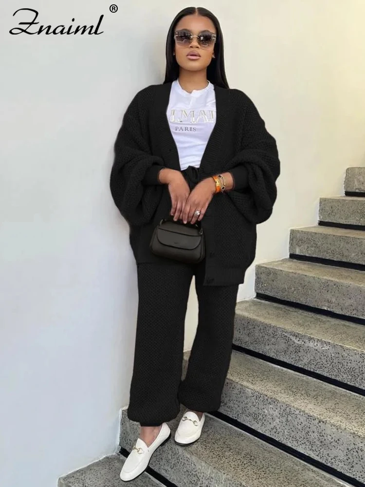 Znaiml レディース ルーズニット2点セット 長袖カーディガンセーターとワイドレッグパンツ カジュアル 秋冬ニットウェア