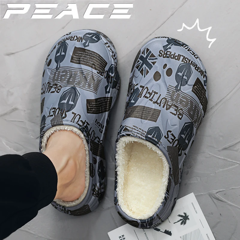 New Stylish Men Casual Slippers Big Size Winter Warm Home Slippers Non-Slip Male Cotton Shoes Waterproof Soft EVA Slippers 38-47