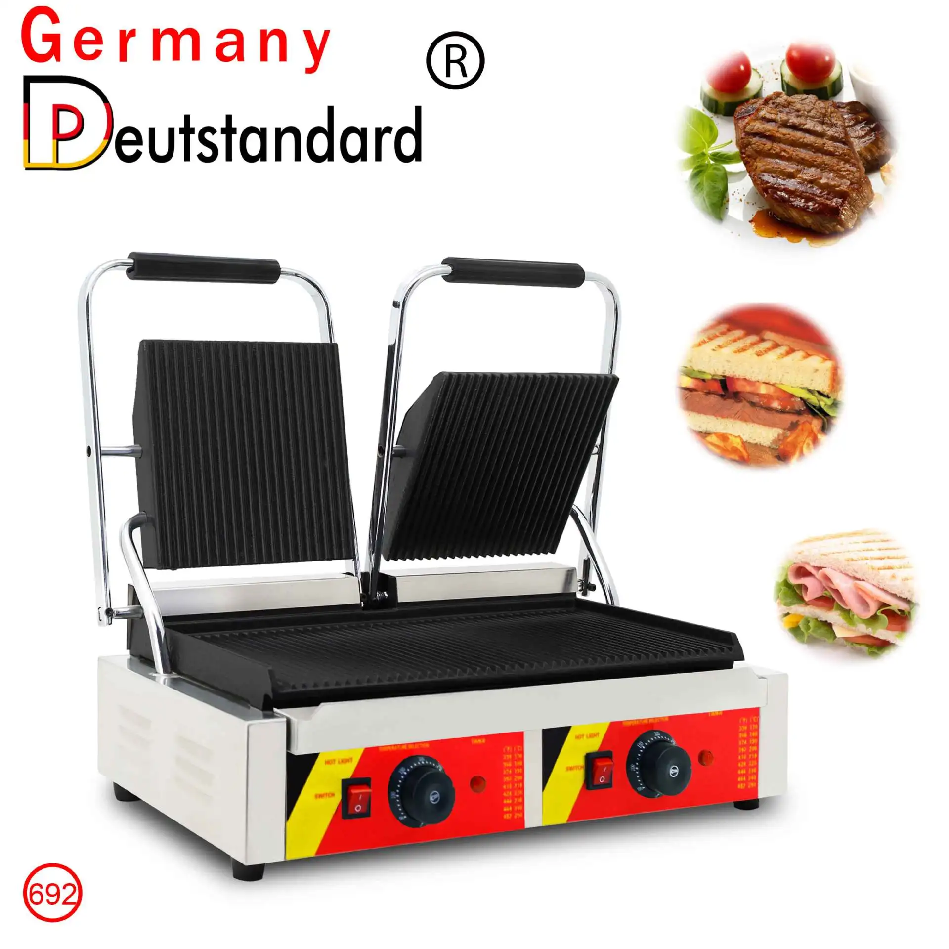Commercial electric hot plate grill double plate striped fried steak pressed hamburger sandwich machine