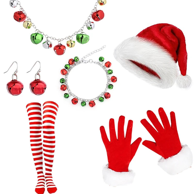 

Women Christmas Accessories Bell Necklaces Bracelet Earrings Stockings Set Costume Cosplay Props for Party Supplies