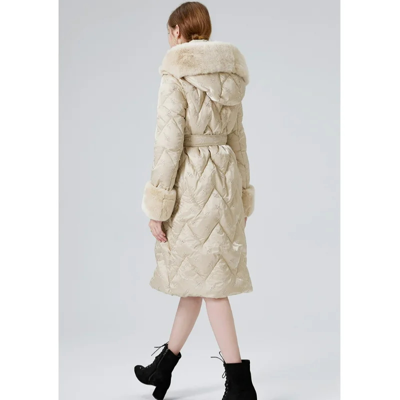 Mulheres com capuz para baixo casacos de inverno high-end engrossado jaqueta longa estilo viajante branco pato roupas pele de coelho parkas