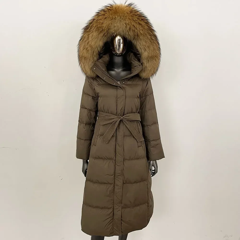 เสื้อโค้ทขนเป็ดสีขาวแบบมีฮู้ด แต่งปกขนสุนัขจิ้งจอกแท้ อุ่นสบายสำหรับผู้หญิง เสื้อแจ็คเก็ตพัฟเฟอร์ตัวยาวสำหรับฤดูหนาว หนา ขนธรรมชาติ กันน้ำ