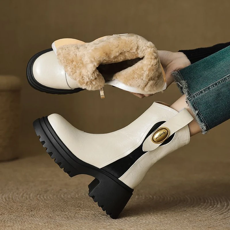 

NEW Winter Women Boots Round Toe Chunky Heel Shoes Split Leather Shoes for Women Zip Ankle Boots Warm Snow Boots Platform Shoes