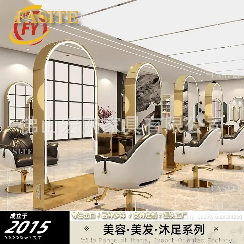 For Hair LED Floor to Ceiling Full Body Mirror Barber Shop Wall Mounted Double Sided Lighted Vanity Mirror with Table