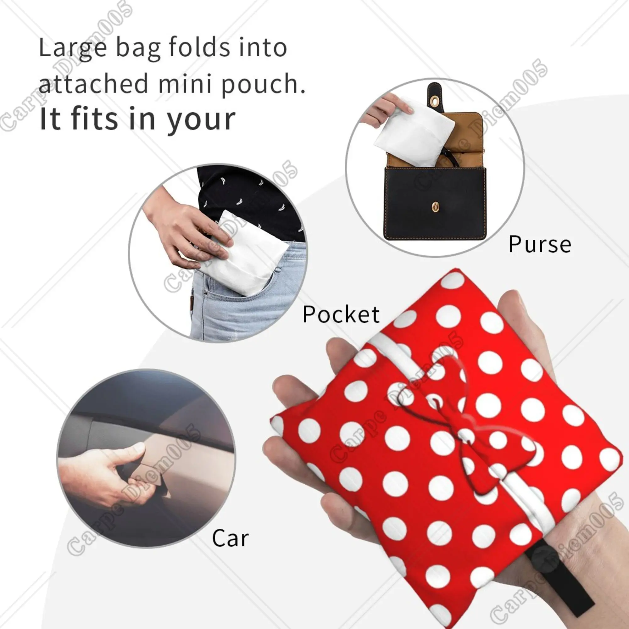 Polka Dots Bow Cartoon Character Women Shopping Bag Foldable Shopping Bag Portable Tote Bag Grocery Bags Eco-friendly One Size