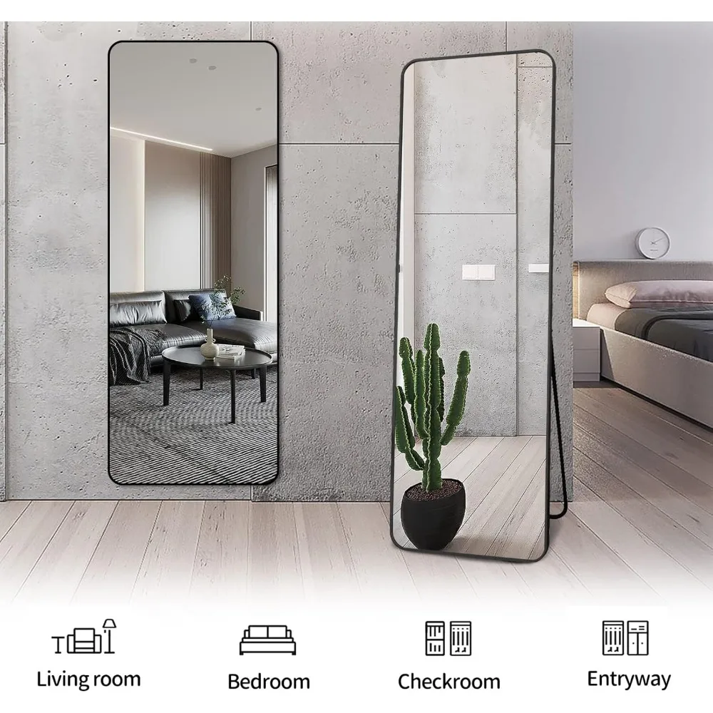 Full Length Mirror, Black Frame Free Standing Mirror for Bedroom Dressing Mirror, 63 * 20IN