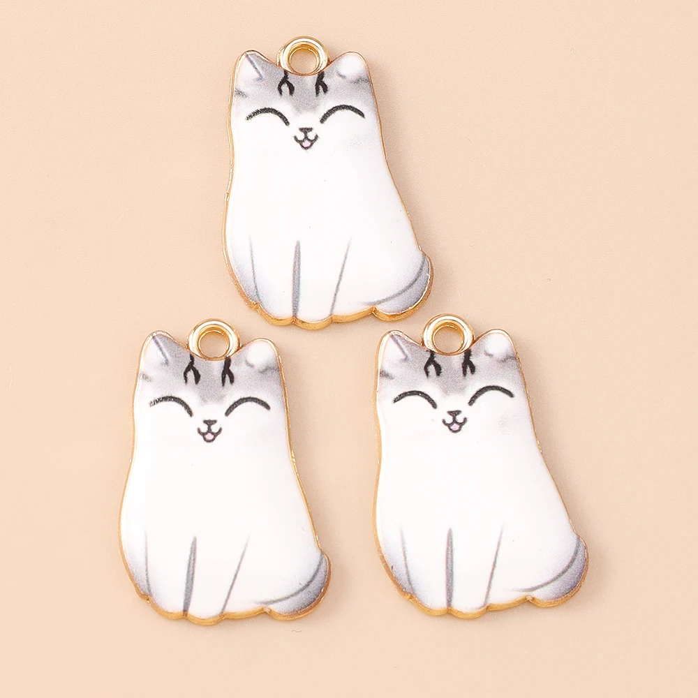 Leslie 10 Stück Cartoon-Emaille-Katzen-Charms, niedliche goldfarbene Metall-Tierkatzen-Anhänger für DIY-Halsketten, Armbänder, Schmuckherstellung – Detail 20
