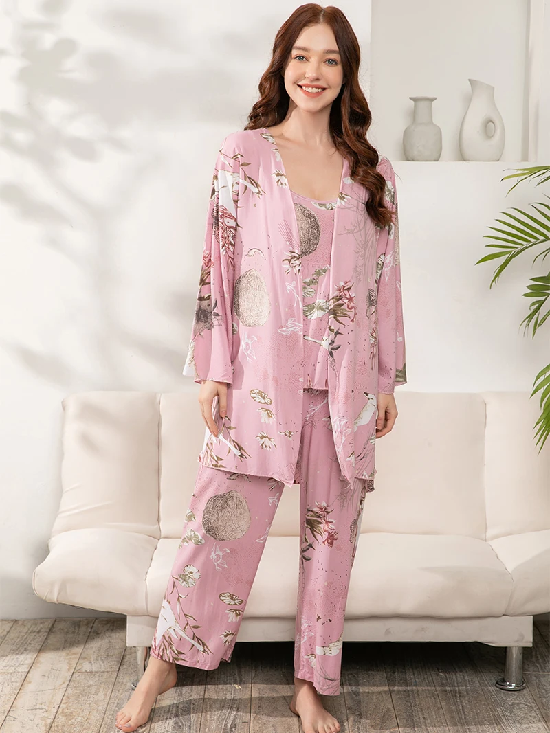 

Plus Size S-3XL Ladies Pajamas Set 3pcs 100% Viscose Printed Women Comfort Loose Homewear Large Size Femme Sleepwear Pijamas