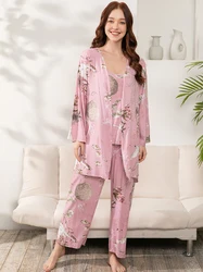 Plus Size S-3XL Ladies Pajamas Set 3pcs 100% Viscose Printed Women Comfort Loose Homewear Large Size Femme Sleepwear Pijamas